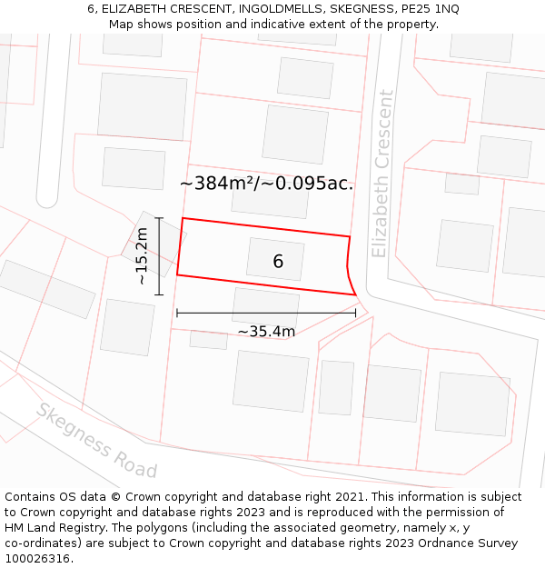 6, ELIZABETH CRESCENT, INGOLDMELLS, SKEGNESS, PE25 1NQ: Plot and title map