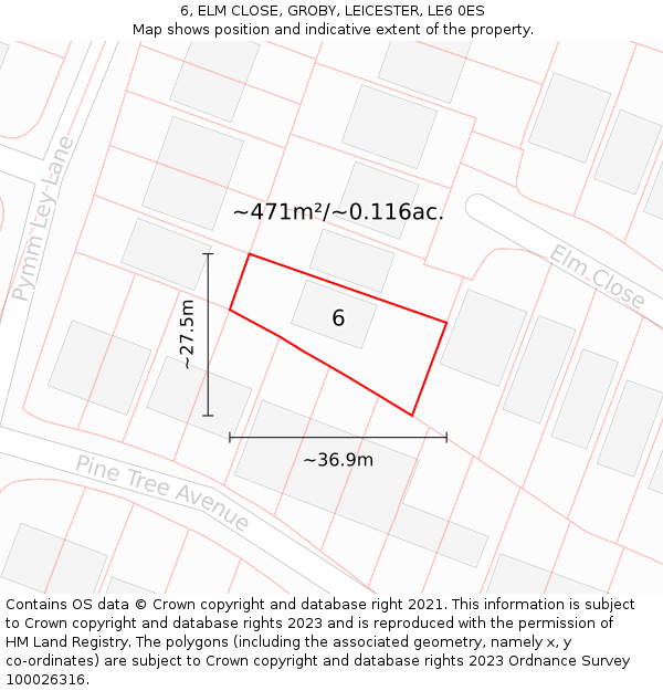 6, ELM CLOSE, GROBY, LEICESTER, LE6 0ES: Plot and title map