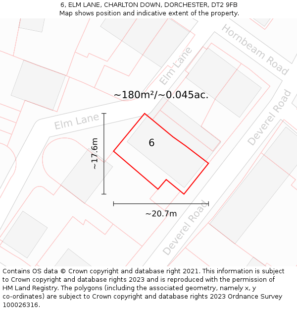 6, ELM LANE, CHARLTON DOWN, DORCHESTER, DT2 9FB: Plot and title map
