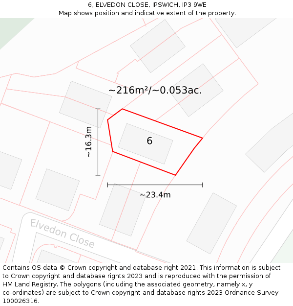 6, ELVEDON CLOSE, IPSWICH, IP3 9WE: Plot and title map