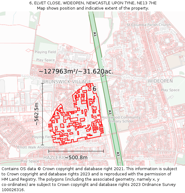 6, ELVET CLOSE, WIDEOPEN, NEWCASTLE UPON TYNE, NE13 7HE: Plot and title map
