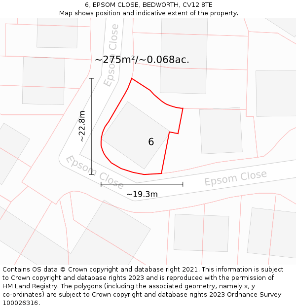 6, EPSOM CLOSE, BEDWORTH, CV12 8TE: Plot and title map