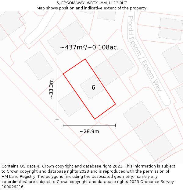 6, EPSOM WAY, WREXHAM, LL13 0LZ: Plot and title map