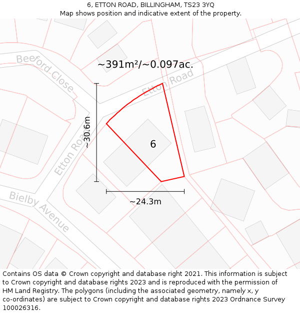 6, ETTON ROAD, BILLINGHAM, TS23 3YQ: Plot and title map