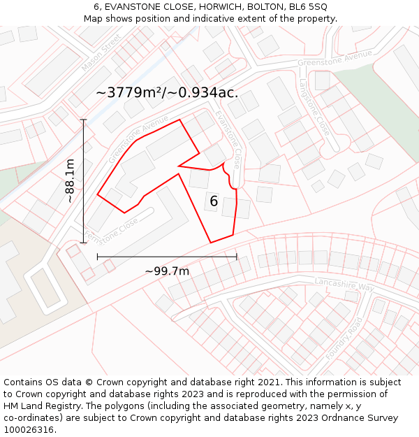 6, EVANSTONE CLOSE, HORWICH, BOLTON, BL6 5SQ: Plot and title map