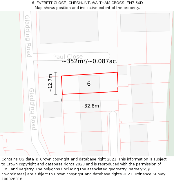 6, EVERETT CLOSE, CHESHUNT, WALTHAM CROSS, EN7 6XD: Plot and title map