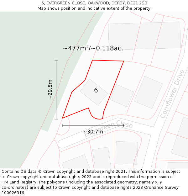 6, EVERGREEN CLOSE, OAKWOOD, DERBY, DE21 2SB: Plot and title map
