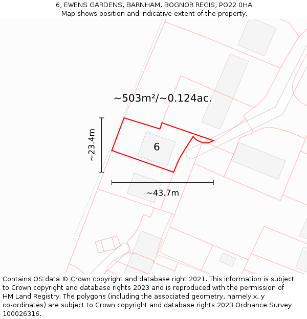 6, EWENS GARDENS, BARNHAM, BOGNOR REGIS, PO22 0HA: Plot and title map