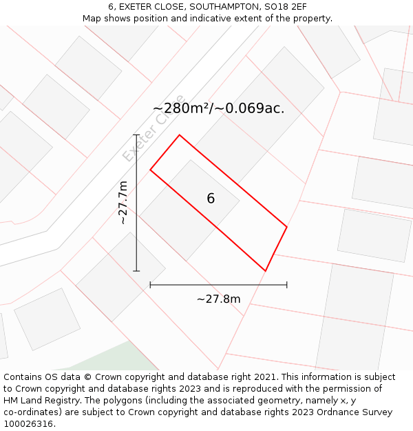 6, EXETER CLOSE, SOUTHAMPTON, SO18 2EF: Plot and title map