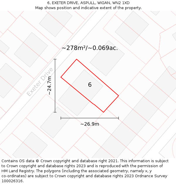 6, EXETER DRIVE, ASPULL, WIGAN, WN2 1XD: Plot and title map