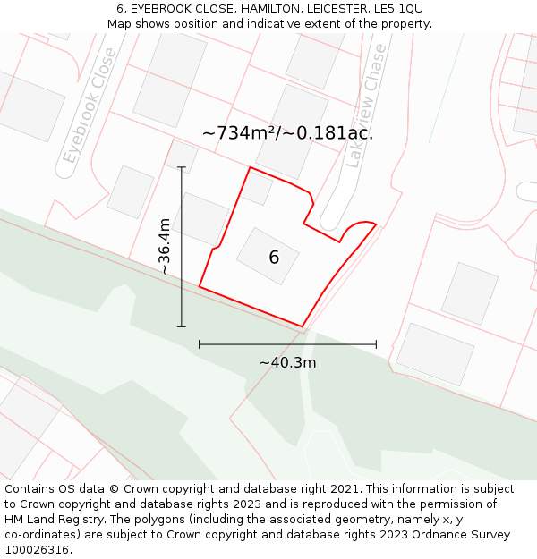 6, EYEBROOK CLOSE, HAMILTON, LEICESTER, LE5 1QU: Plot and title map