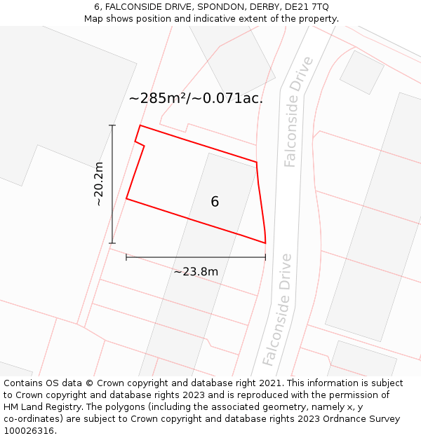 6, FALCONSIDE DRIVE, SPONDON, DERBY, DE21 7TQ: Plot and title map