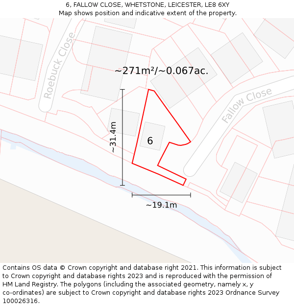 6, FALLOW CLOSE, WHETSTONE, LEICESTER, LE8 6XY: Plot and title map