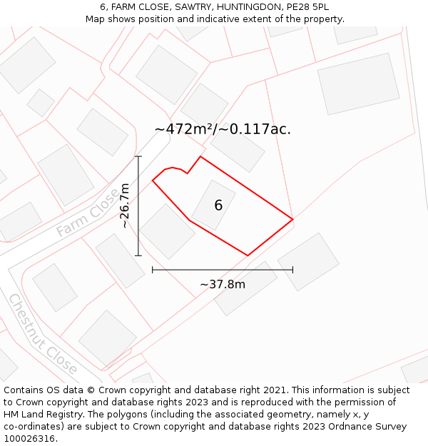 6, FARM CLOSE, SAWTRY, HUNTINGDON, PE28 5PL: Plot and title map