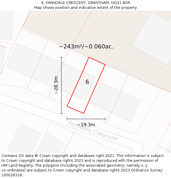 6, FARNDALE CRESCENT, GRANTHAM, NG31 8DR: Plot and title map