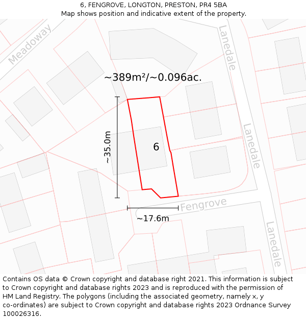 6, FENGROVE, LONGTON, PRESTON, PR4 5BA: Plot and title map