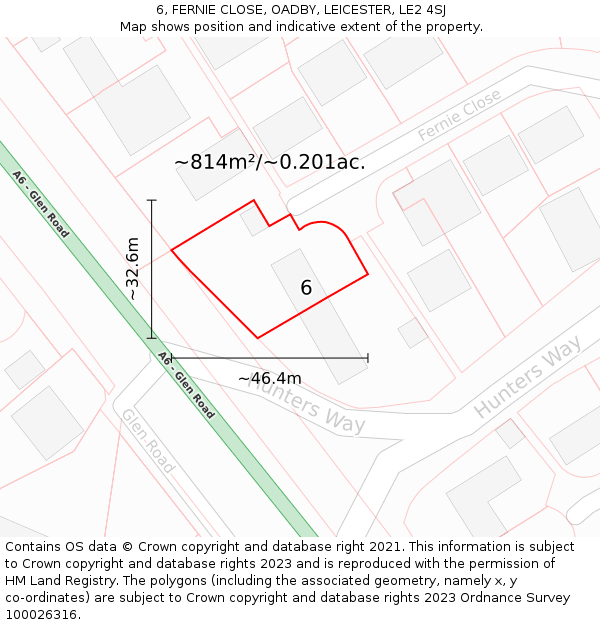 6, FERNIE CLOSE, OADBY, LEICESTER, LE2 4SJ: Plot and title map