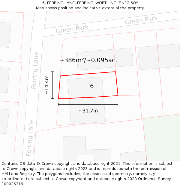 6, FERRING LANE, FERRING, WORTHING, BN12 6QY: Plot and title map