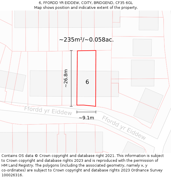 6, FFORDD YR EIDDEW, COITY, BRIDGEND, CF35 6GL: Plot and title map