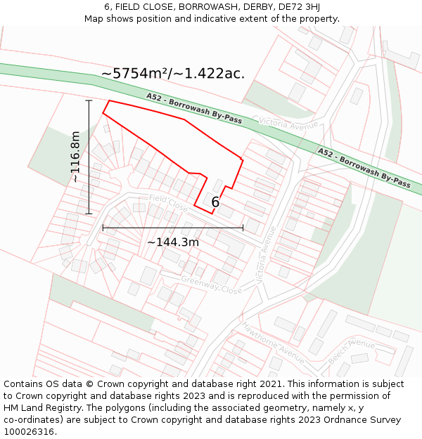 6, FIELD CLOSE, BORROWASH, DERBY, DE72 3HJ: Plot and title map
