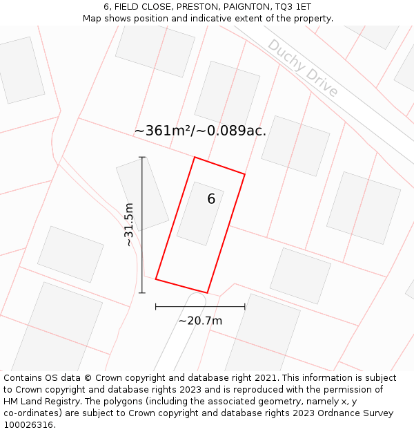 6, FIELD CLOSE, PRESTON, PAIGNTON, TQ3 1ET: Plot and title map