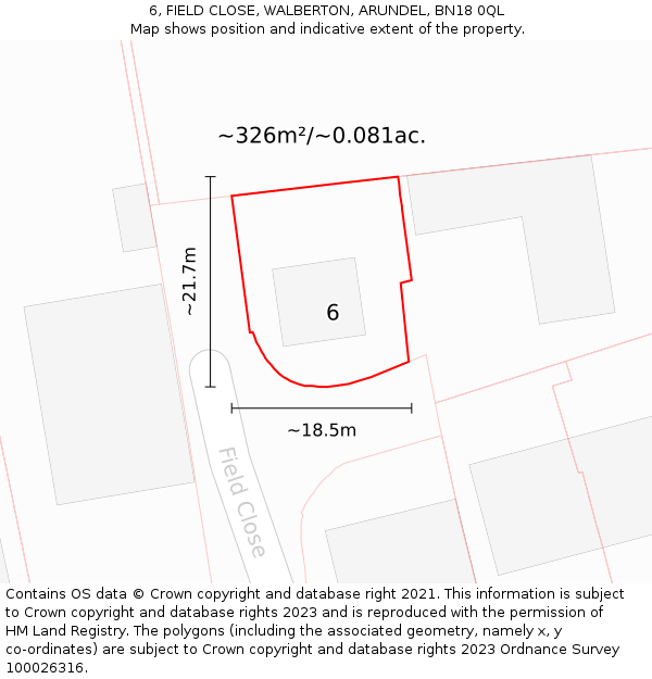 6, FIELD CLOSE, WALBERTON, ARUNDEL, BN18 0QL: Plot and title map