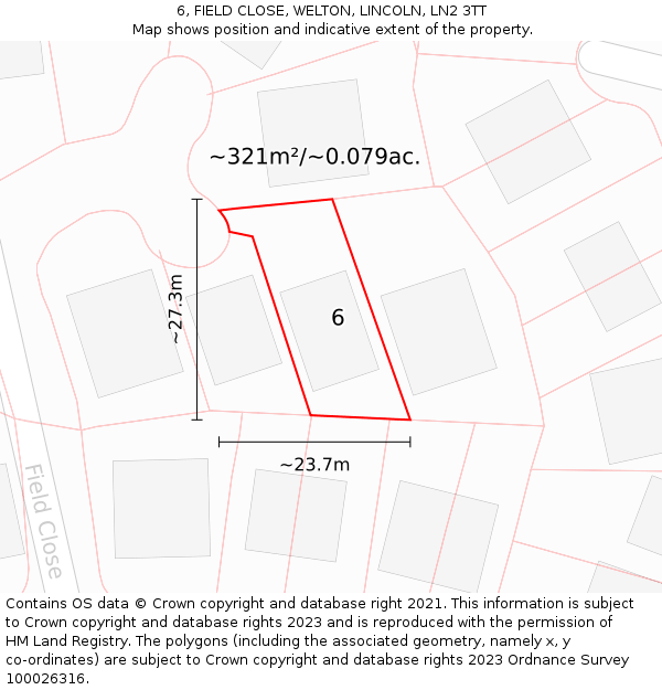 6, FIELD CLOSE, WELTON, LINCOLN, LN2 3TT: Plot and title map