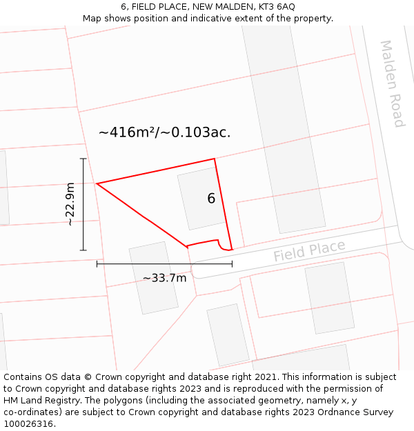 6, FIELD PLACE, NEW MALDEN, KT3 6AQ: Plot and title map