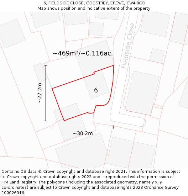 6, FIELDSIDE CLOSE, GOOSTREY, CREWE, CW4 8GD: Plot and title map