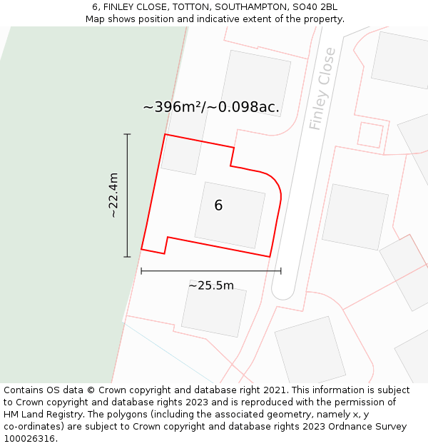 6, FINLEY CLOSE, TOTTON, SOUTHAMPTON, SO40 2BL: Plot and title map