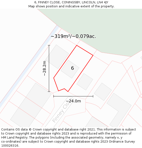 6, FINNEY CLOSE, CONINGSBY, LINCOLN, LN4 4JY: Plot and title map