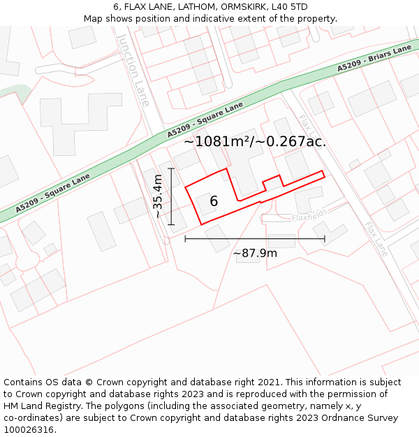 6, FLAX LANE, LATHOM, ORMSKIRK, L40 5TD: Plot and title map