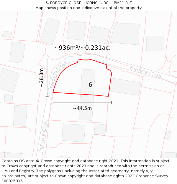 6, FORDYCE CLOSE, HORNCHURCH, RM11 3LE: Plot and title map