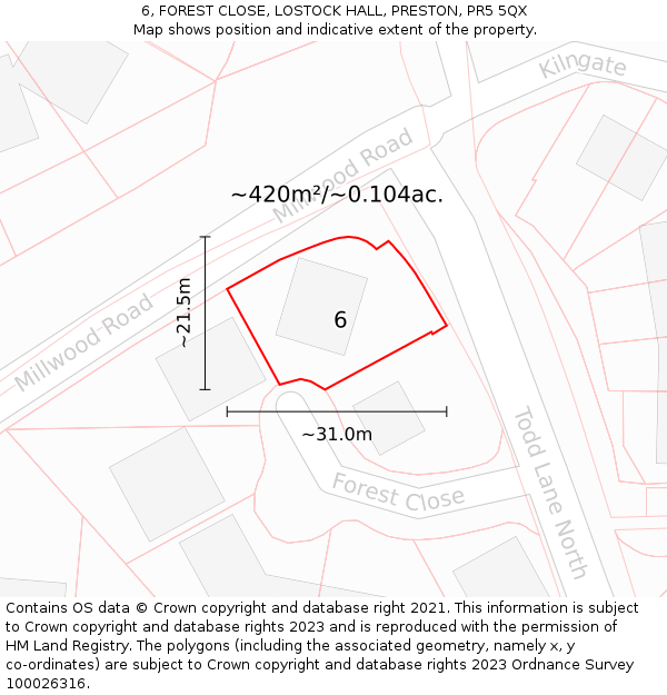 6, FOREST CLOSE, LOSTOCK HALL, PRESTON, PR5 5QX: Plot and title map