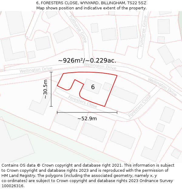 6, FORESTERS CLOSE, WYNYARD, BILLINGHAM, TS22 5SZ: Plot and title map