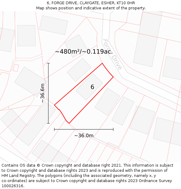 6, FORGE DRIVE, CLAYGATE, ESHER, KT10 0HR: Plot and title map