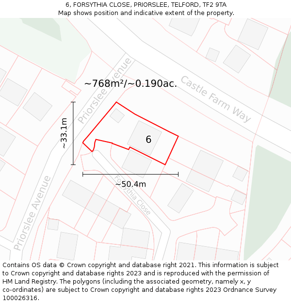 6, FORSYTHIA CLOSE, PRIORSLEE, TELFORD, TF2 9TA: Plot and title map