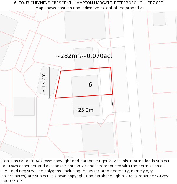6, FOUR CHIMNEYS CRESCENT, HAMPTON HARGATE, PETERBOROUGH, PE7 8ED: Plot and title map