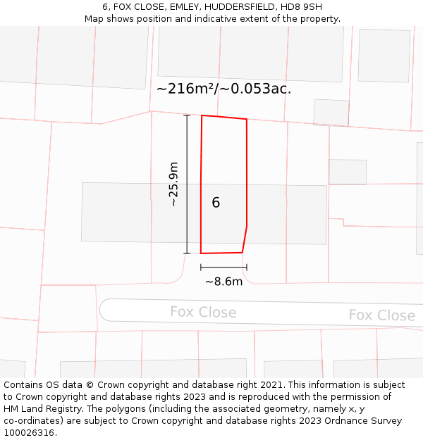 6, FOX CLOSE, EMLEY, HUDDERSFIELD, HD8 9SH: Plot and title map