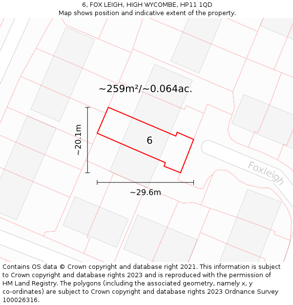6, FOX LEIGH, HIGH WYCOMBE, HP11 1QD: Plot and title map