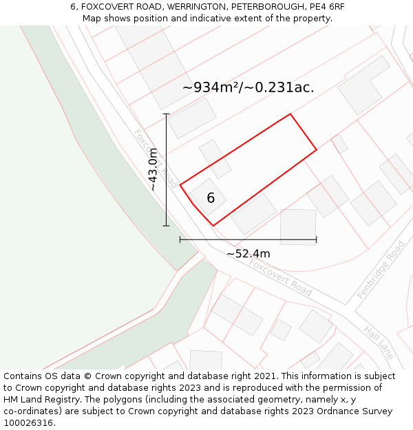6, FOXCOVERT ROAD, WERRINGTON, PETERBOROUGH, PE4 6RF: Plot and title map