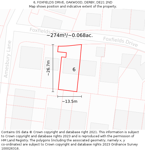 6, FOXFIELDS DRIVE, OAKWOOD, DERBY, DE21 2ND: Plot and title map