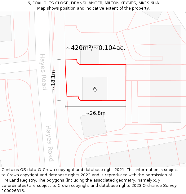 6, FOXHOLES CLOSE, DEANSHANGER, MILTON KEYNES, MK19 6HA: Plot and title map