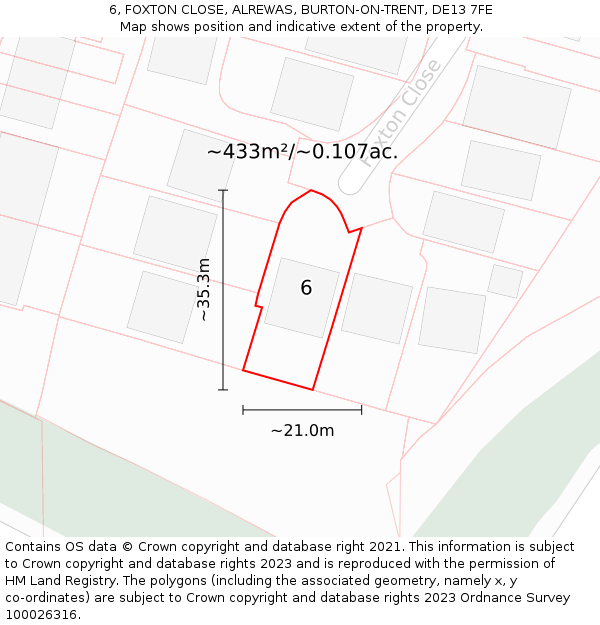6, FOXTON CLOSE, ALREWAS, BURTON-ON-TRENT, DE13 7FE: Plot and title map