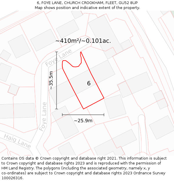 6, FOYE LANE, CHURCH CROOKHAM, FLEET, GU52 8UP: Plot and title map