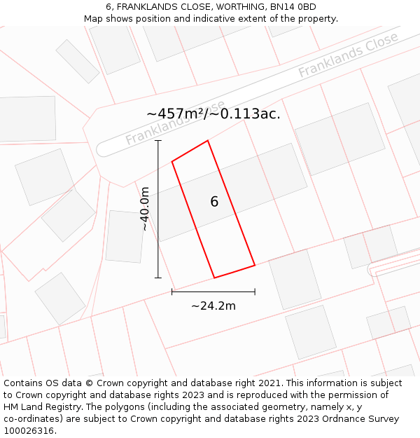 6, FRANKLANDS CLOSE, WORTHING, BN14 0BD: Plot and title map