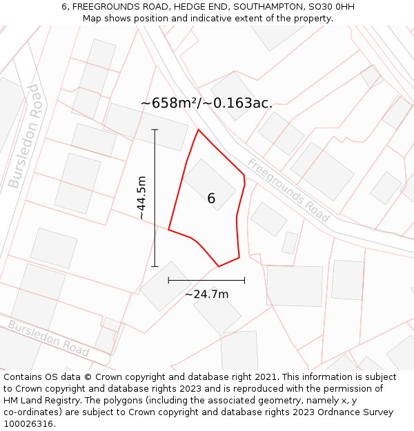 6, FREEGROUNDS ROAD, HEDGE END, SOUTHAMPTON, SO30 0HH: Plot and title map