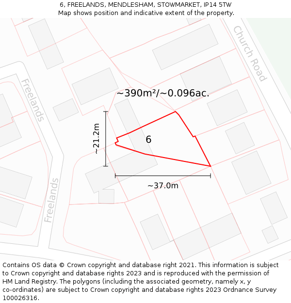 6, FREELANDS, MENDLESHAM, STOWMARKET, IP14 5TW: Plot and title map