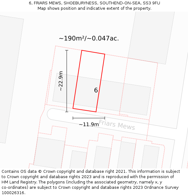 6, FRIARS MEWS, SHOEBURYNESS, SOUTHEND-ON-SEA, SS3 9FU: Plot and title map