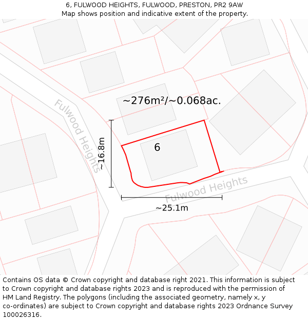 6, FULWOOD HEIGHTS, FULWOOD, PRESTON, PR2 9AW: Plot and title map